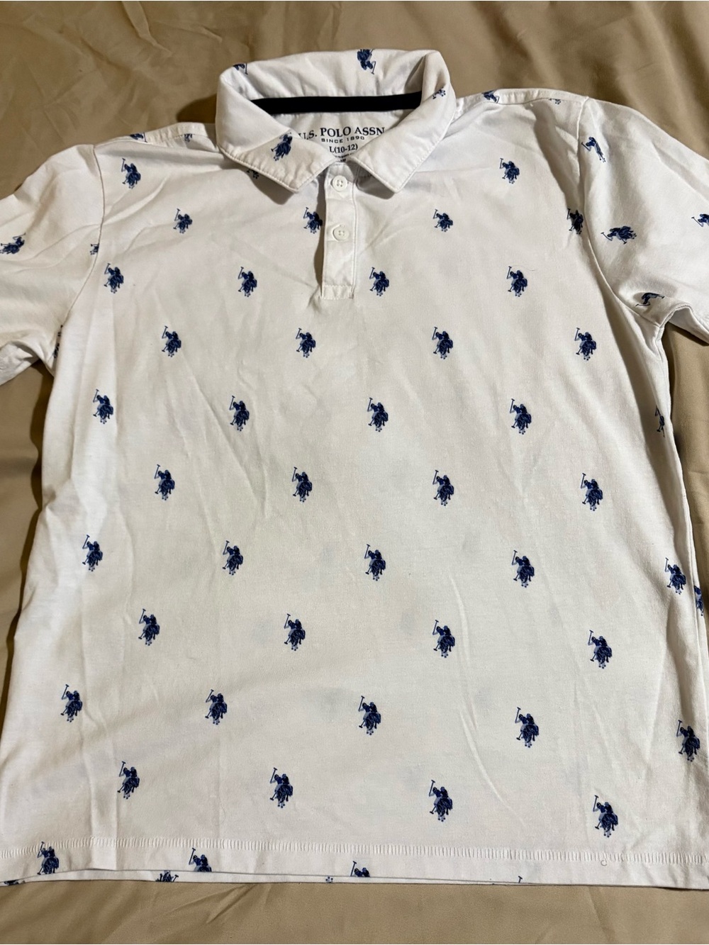 U.S. Polo Assn. Boys White All Over Pony Print Polo Shirt Size L 10-12
